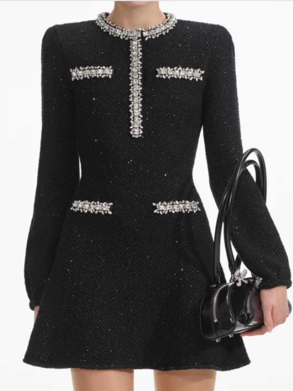Self-Portrait Black Sequin Knit Flared Mini Dress Size UK 8 US 4 NWOT